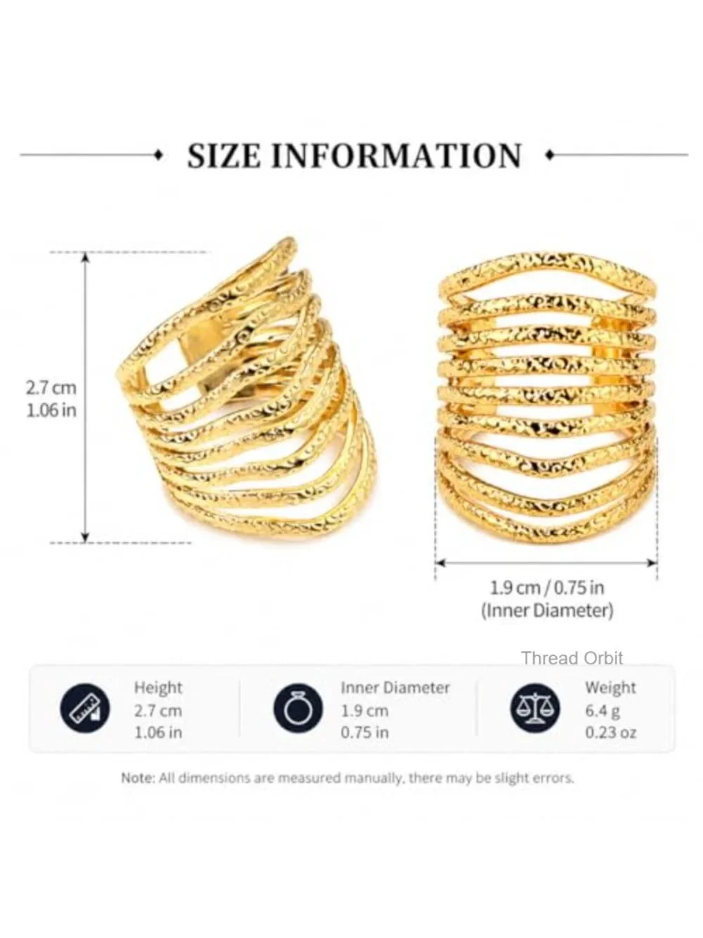 Gold Multi Layer Statement Ring, Wide Band Open Finger Stack Look Ring
